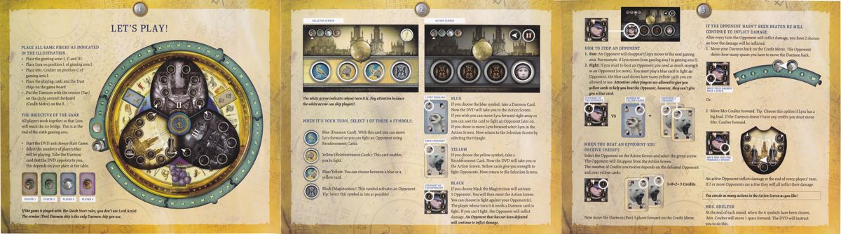 Manual for The Golden Compass: DVD Adventure Board Game (DVD Player) (This edition of the game comes in an embossed tin box): Quick Start Guide: Three panel foldout - side 1