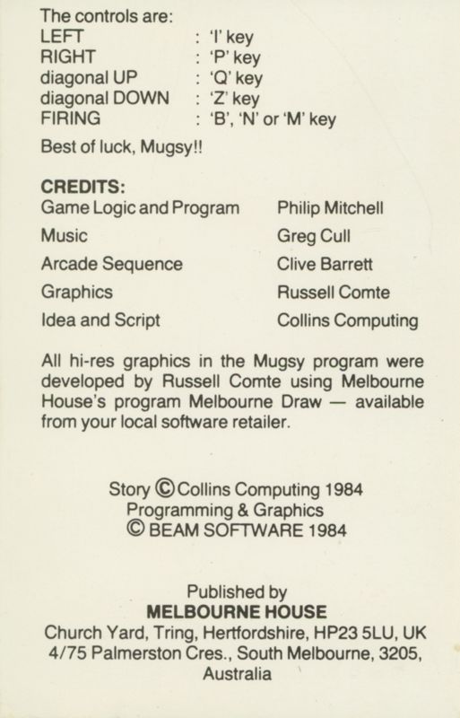 Inside Cover for Mugsy (ZX Spectrum) (version 2): side B (reverse front cover)