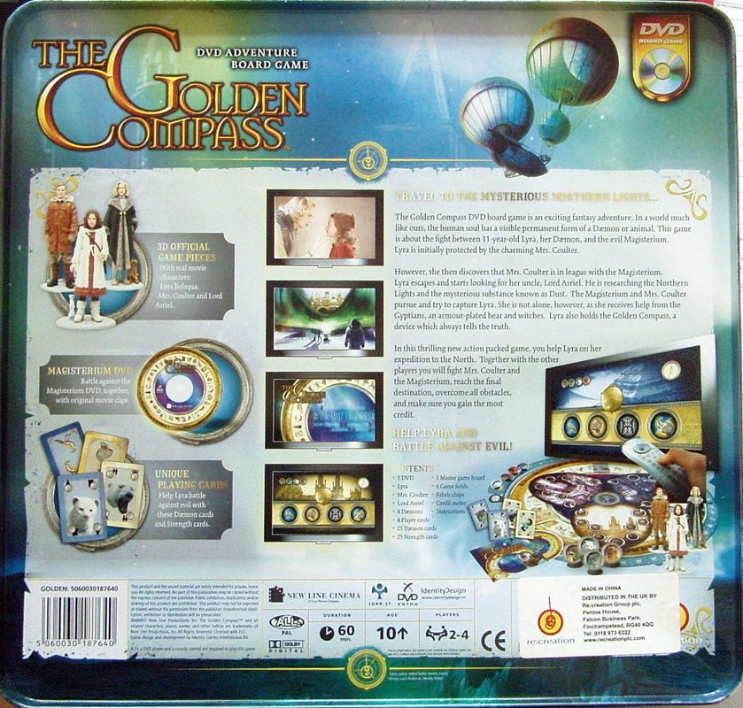 Back Cover for The Golden Compass: DVD Adventure Board Game (DVD Player) (This edition of the game comes in an embossed tin box): A photograph has been used because the base of the box is recessed and does not scan well
