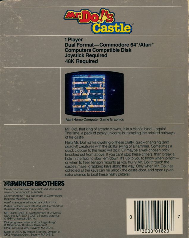 Back Cover for Mr. Do!'s Castle (Atari 8-bit and Commodore 64)