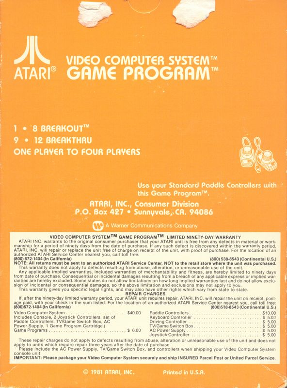 Back Cover for Breakout (Atari 2600) (1981 release)