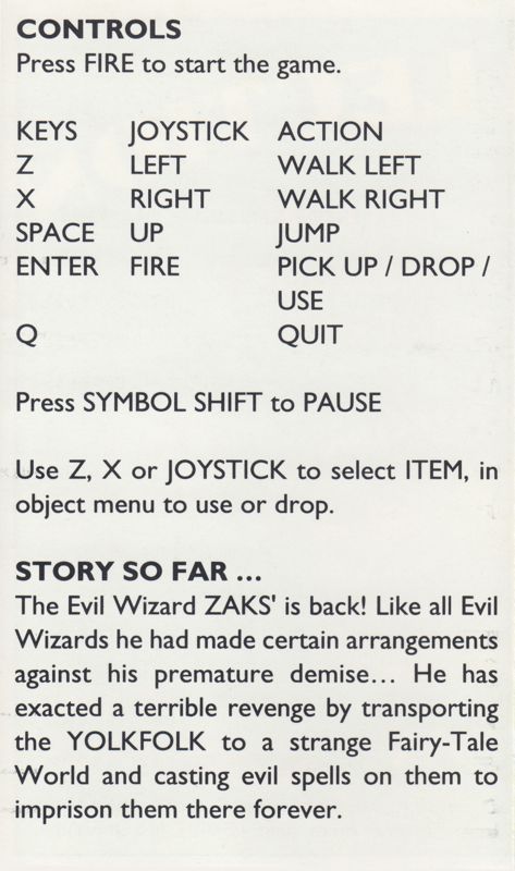 Inside Cover for Magicland Dizzy (ZX Spectrum): side B, I (reverse side A, III)