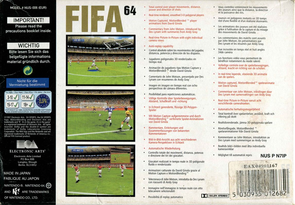 Back Cover for FIFA Soccer 64 (Nintendo 64)