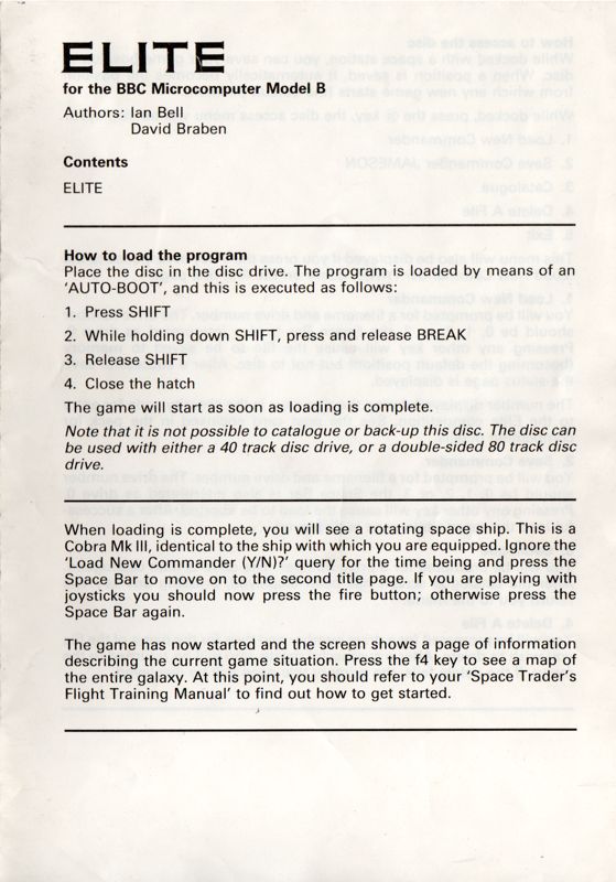 Extras for Elite (BBC Micro): Tech. Support - Front