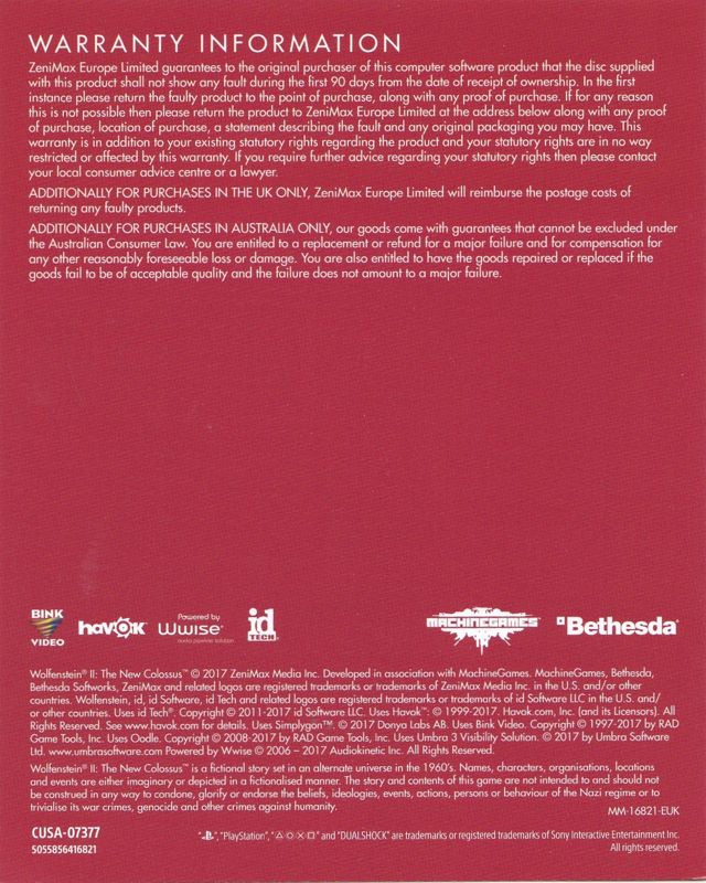 Manual for Wolfenstein II: The New Colossus (Collector's Edition) (PlayStation 4): Back