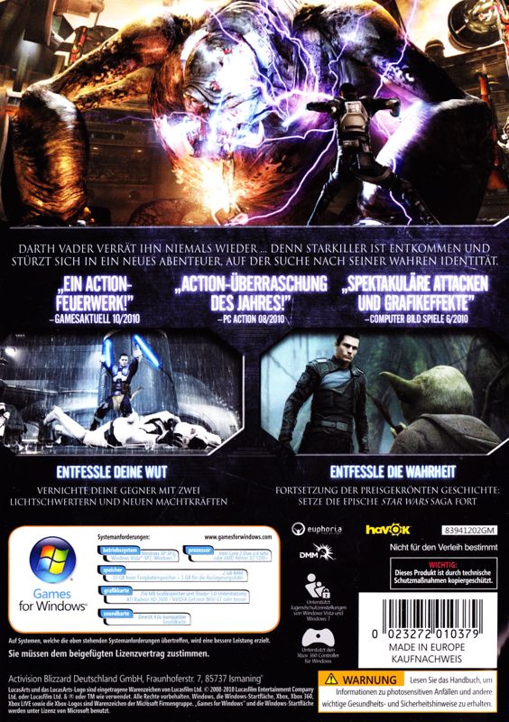 Back Cover for Star Wars: The Force Unleashed II (Windows)