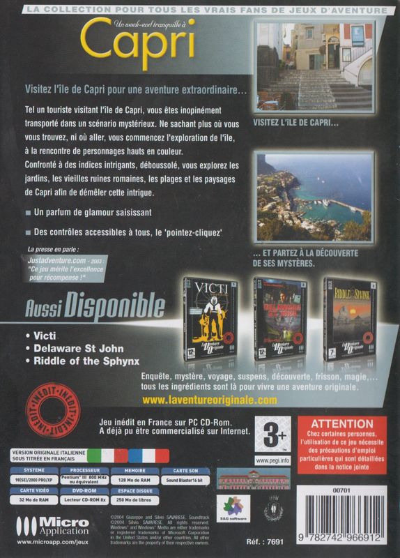Back Cover for A Quiet Weekend in Capri (Windows) (l'aVenture Originale #4 release (Micro Application 2004))
