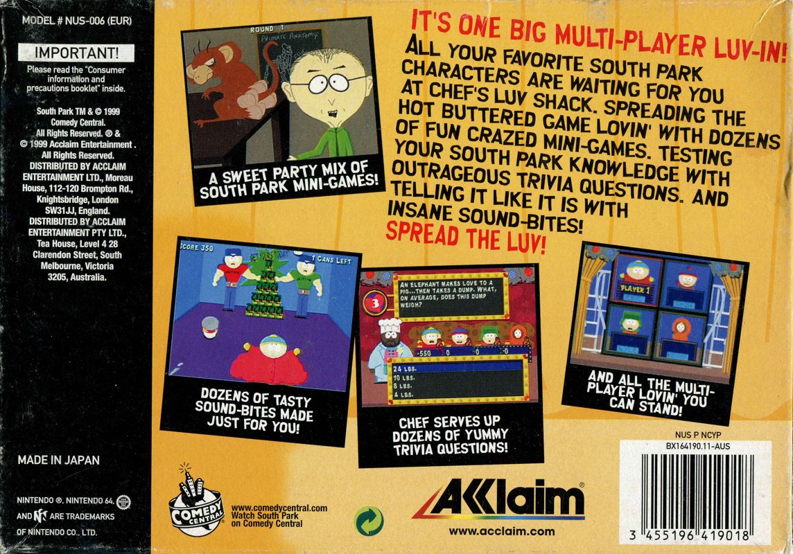 Back Cover for South Park: Chef's Luv Shack (Nintendo 64)
