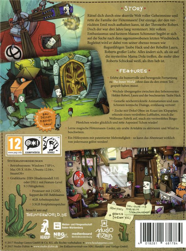 Back Cover for The Inner World: The Last Wind Monk (Linux and Macintosh and Windows): w/ surrounding paper