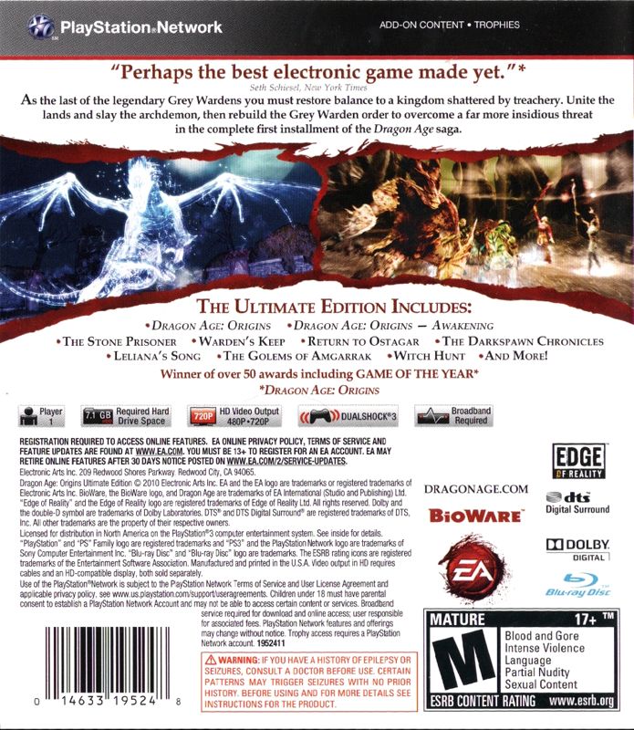 Back Cover for Dragon Age: Origins - Ultimate Edition (PlayStation 3)