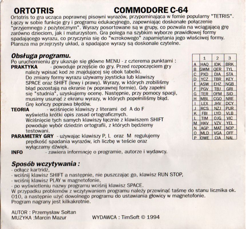 Inside Cover for Ortotris (Commodore 64) (Alternate release)