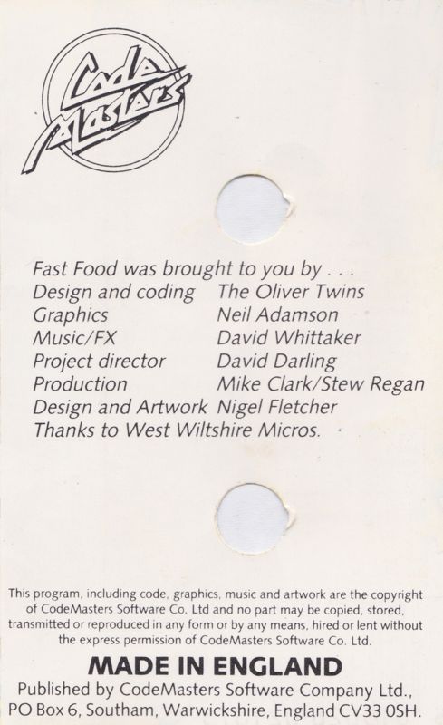 Inside Cover for Fast Food (ZX Spectrum): side B (reverse back cover)