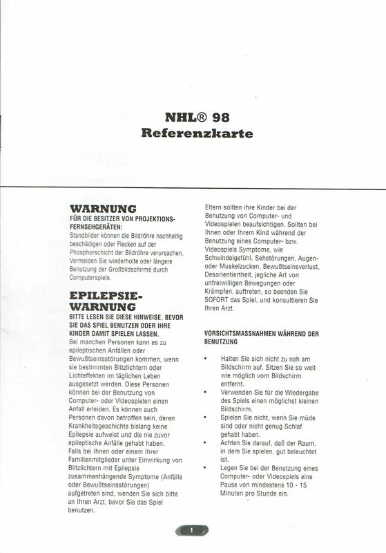 Reference Card for NHL 98 (Windows): Front
