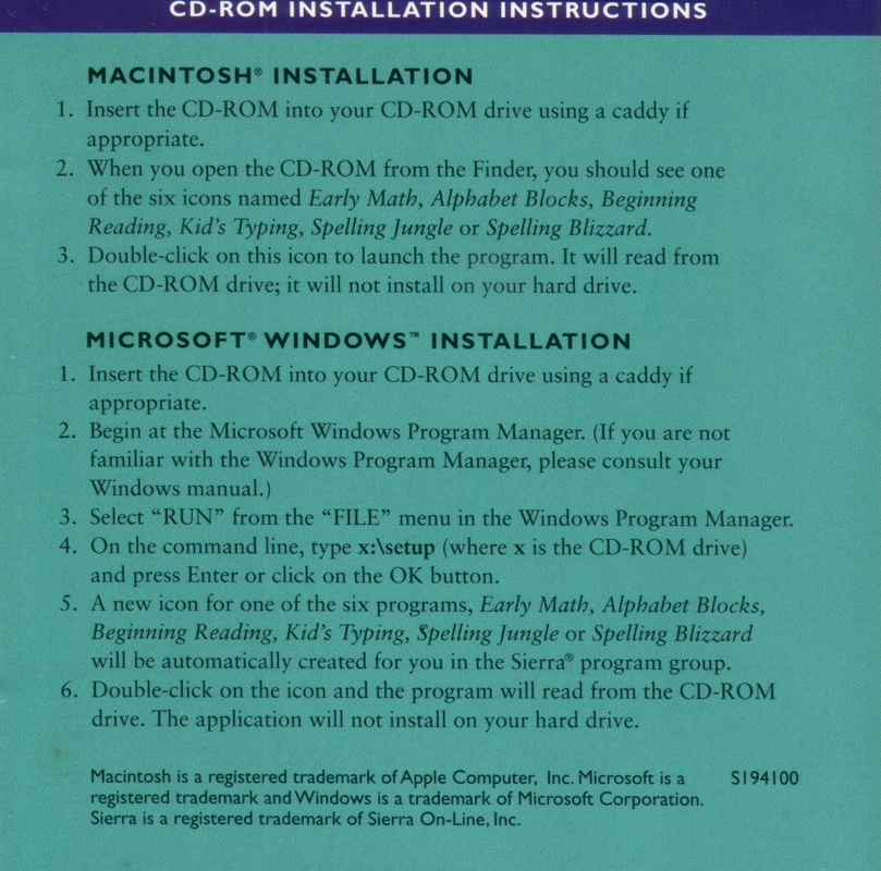 Inside Cover for Spelling Blizzard (Macintosh and Windows 16-bit)