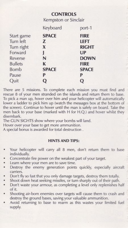 Inside Cover for Operation Gunship (ZX Spectrum): side B, I (reverse side A, III)