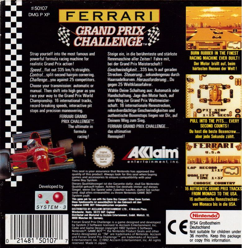Back Cover for Ferrari Grand Prix Challenge (Game Boy)