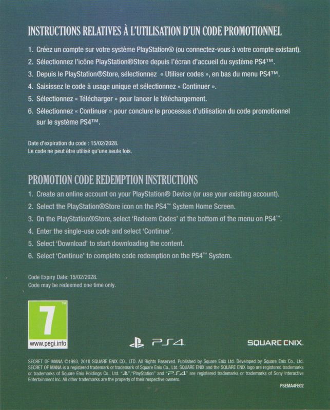 Other for Secret of Mana (PlayStation 4): DLC Voucher - Back