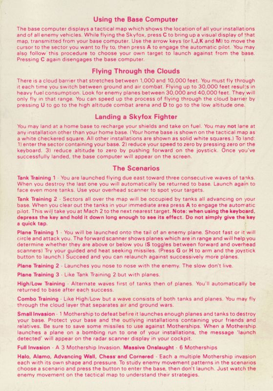 Other for Skyfox (ZX Spectrum) (version 1): foldable instructions side A, II
