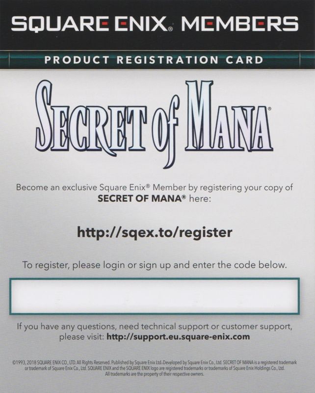 Extras for Secret of Mana (PlayStation 4): Square Enix Product Registration Card - Front