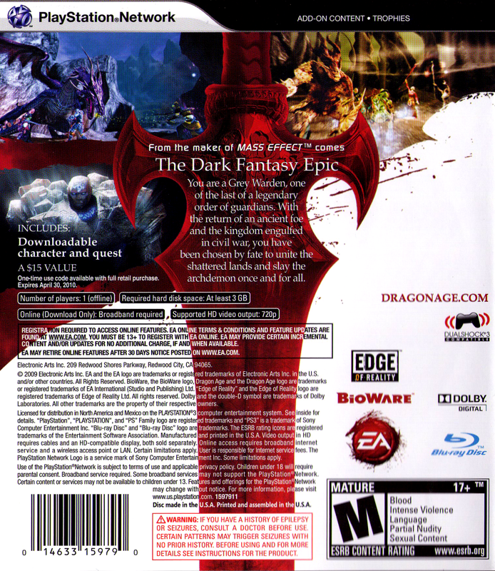 Back Cover for Dragon Age: Origins (PlayStation 3)