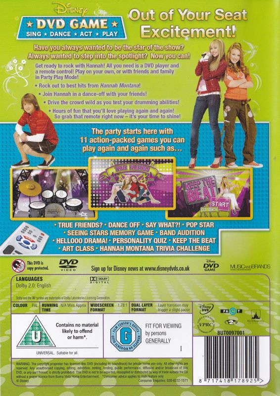 Inside Cover for Disney Hannah Montana: DVD Game (DVD Player) (The keep case comes inside a card sleeve): Keep Case: Back