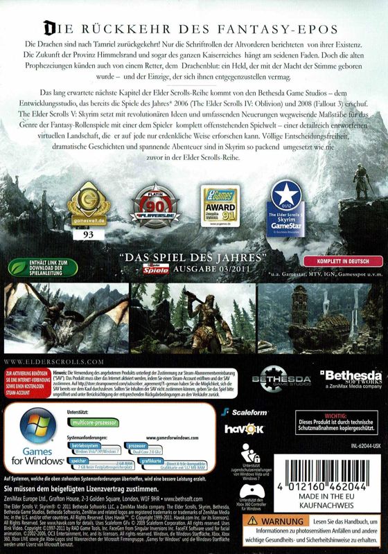 Back Cover for The Elder Scrolls V: Skyrim (Windows) (re-release)