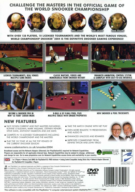 Back Cover for World Championship Snooker 2004 (PlayStation 2)