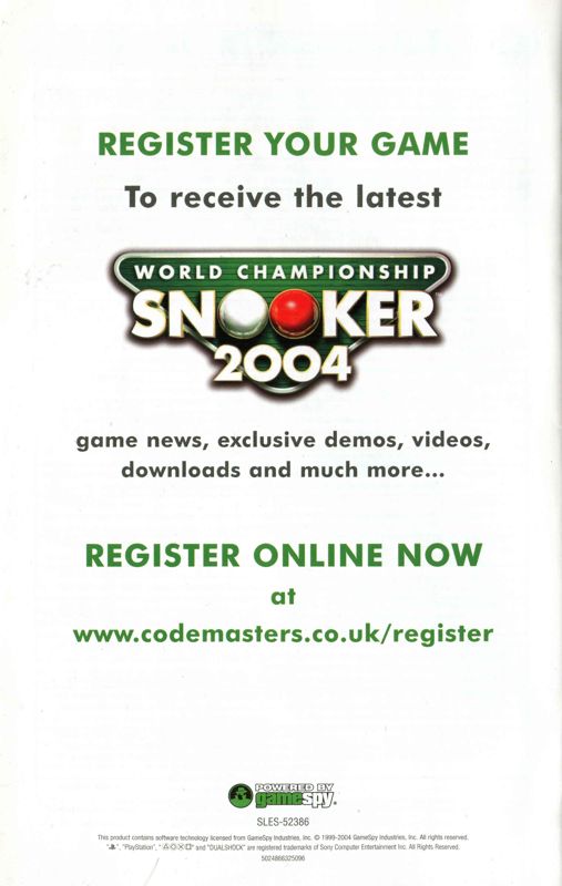 Manual for World Championship Snooker 2004 (PlayStation 2): Back