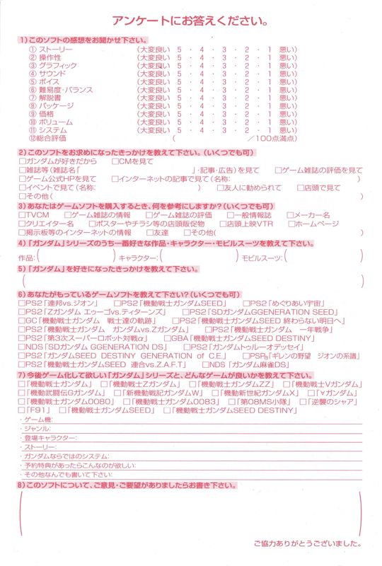 Extras for Mobile Suit Gundam: Climax U.C. (PlayStation 2): Comment Card Reverse