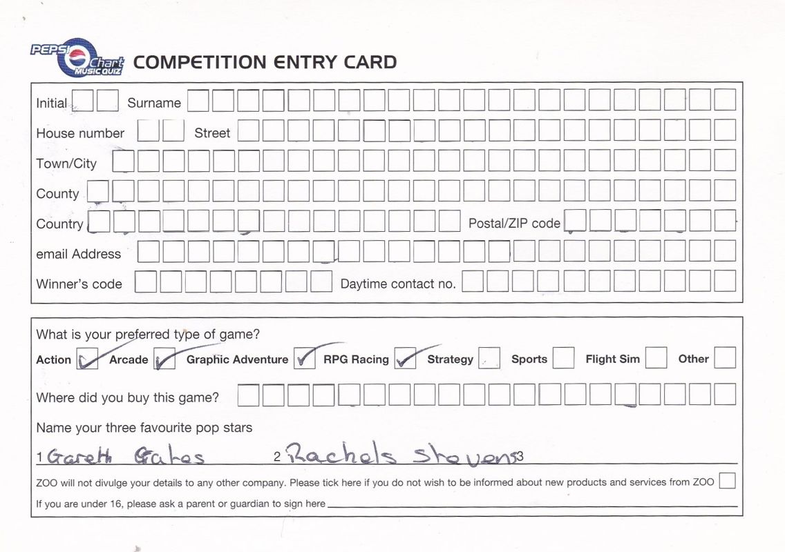 Extras for Pepsi Chart Music Quiz: Play The World's First Pop Music Quiz On DVD (DVD Player): Competition entry form: Side 2