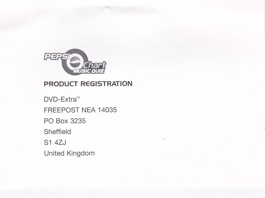 Other for Pepsi Chart Music Quiz: Play The World's First Pop Music Quiz On DVD (DVD Player): DVD Registration form: Side 1