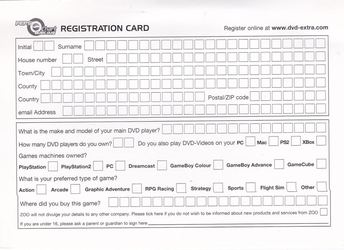 Other for Pepsi Chart Music Quiz: Play The World's First Pop Music Quiz On DVD (DVD Player): DVD Registration form: Side 2