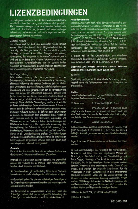 Manual for Delta Force: Task Force Dagger (Windows): Back