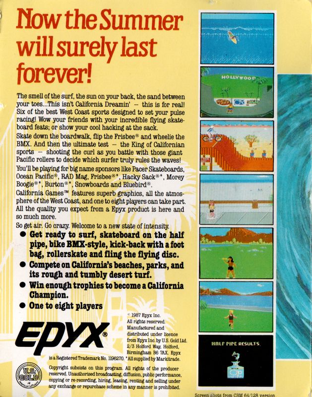 Back Cover for California Games (Commodore 64)