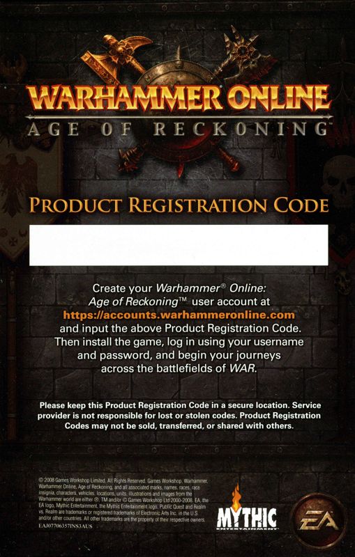 Extras for Warhammer Online: Age of Reckoning (Windows): Registration card