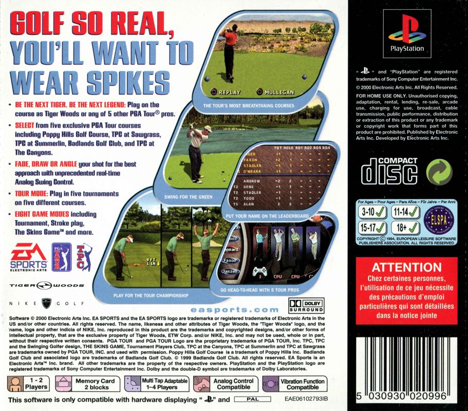 Back Cover for Tiger Woods PGA Tour 2000 (PlayStation)