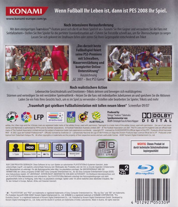 Back Cover for PES 2008: Pro Evolution Soccer (PlayStation 3)