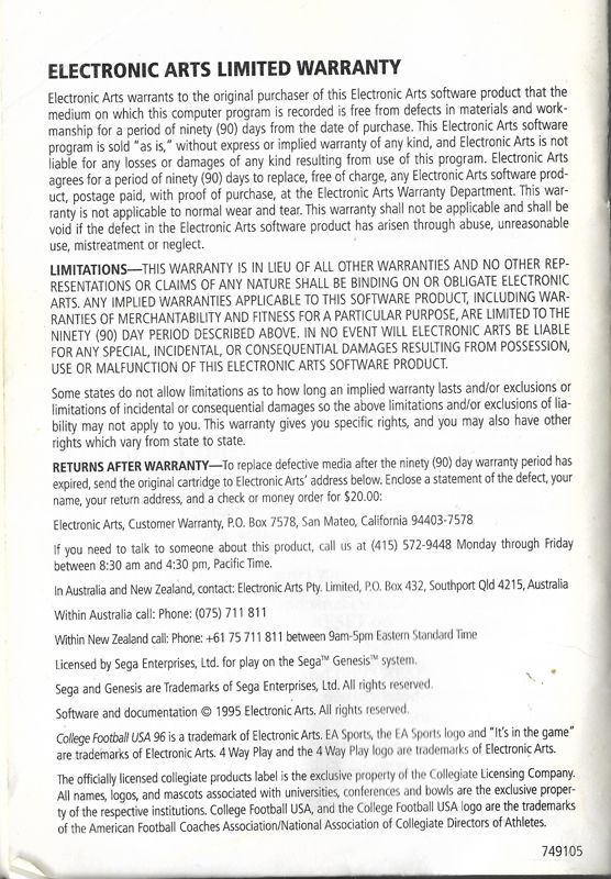 Manual for College Football USA 96 (Genesis): Back