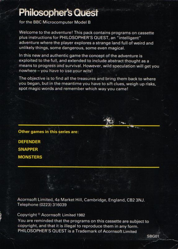 Back Cover for Philosopher's Quest (BBC Micro)