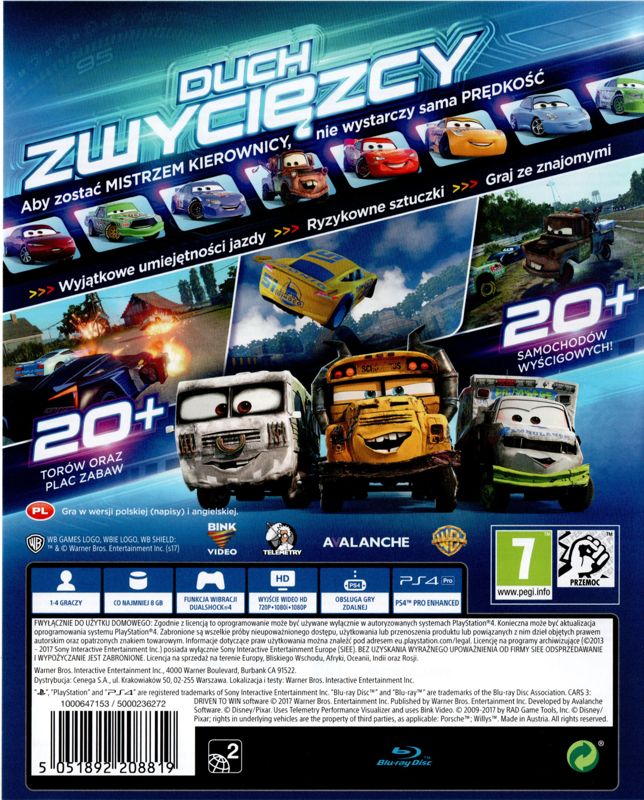 Back Cover for Disney•Pixar Cars 3: Driven to Win (PlayStation 4)