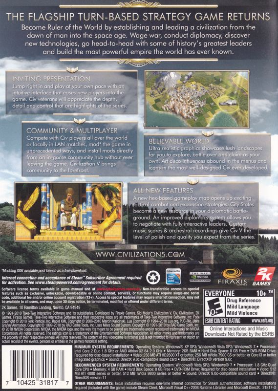 Back Cover for Sid Meier's Civilization V (Windows)