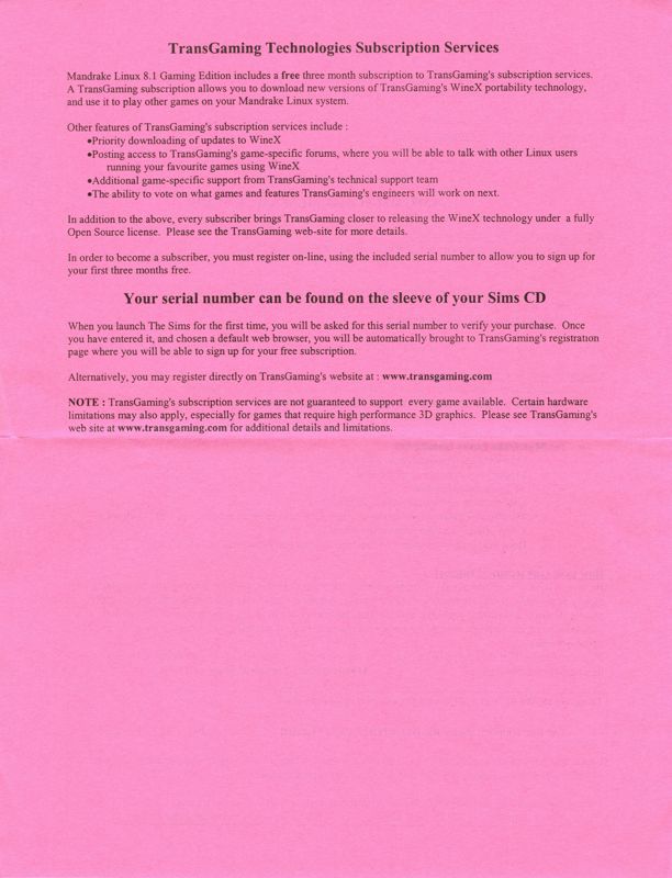 Extras for MandrakeLinux Gaming Edition (Linux): Registration card - Back