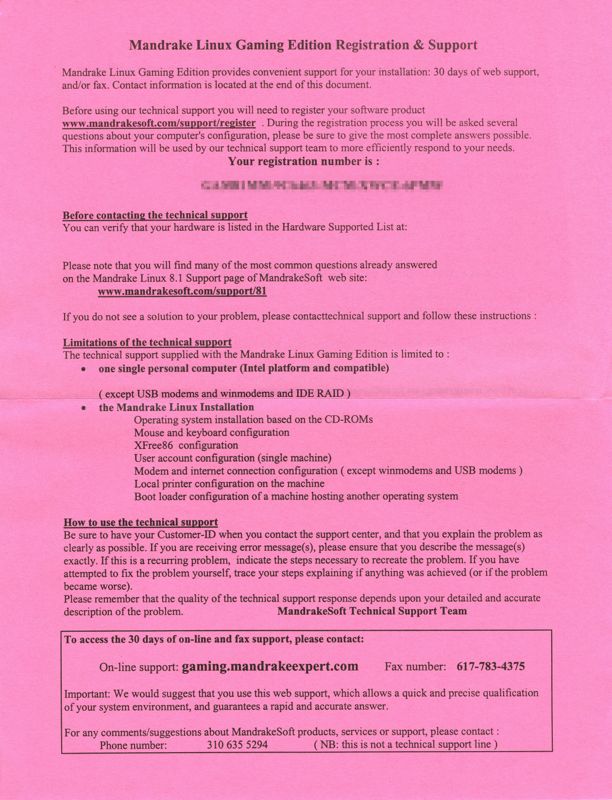 Extras for MandrakeLinux Gaming Edition (Linux): Registration card - Front