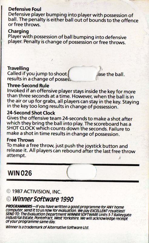Inside Cover for GBA Championship Basketball: Two-on-Two (Commodore 64)