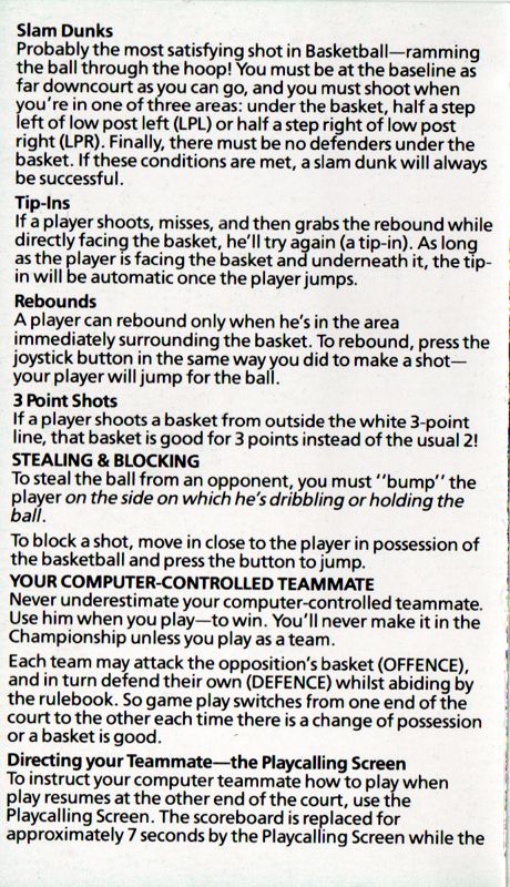 Inside Cover for GBA Championship Basketball: Two-on-Two (Commodore 64)