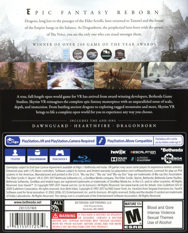 Back Cover for The Elder Scrolls V: Skyrim VR (PlayStation 4)
