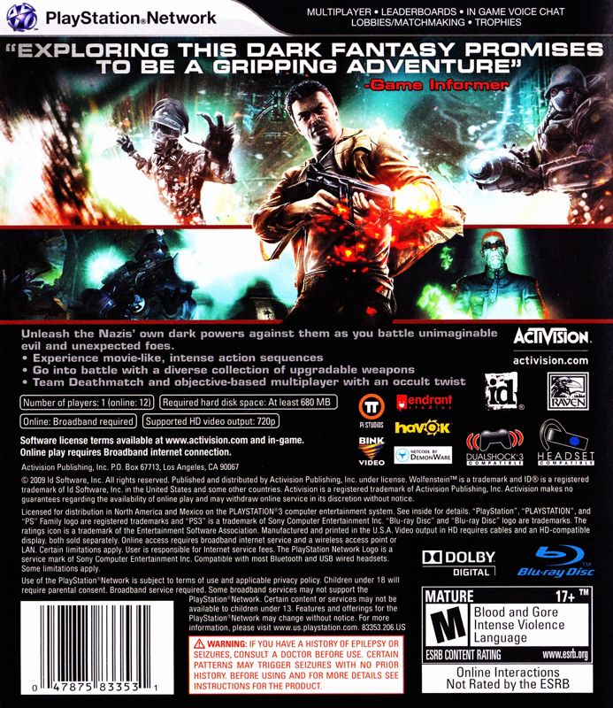 Back Cover for Wolfenstein (PlayStation 3)