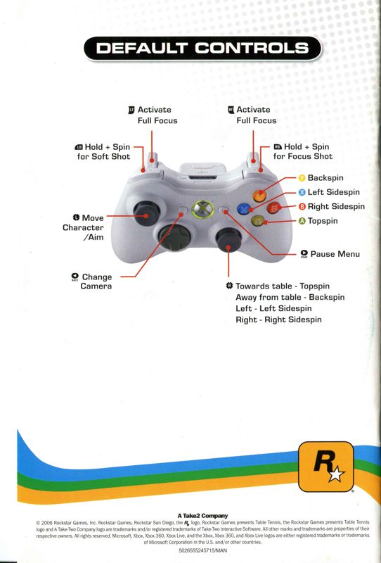 Manual for Rockstar Games presents Table Tennis (Xbox 360): Back