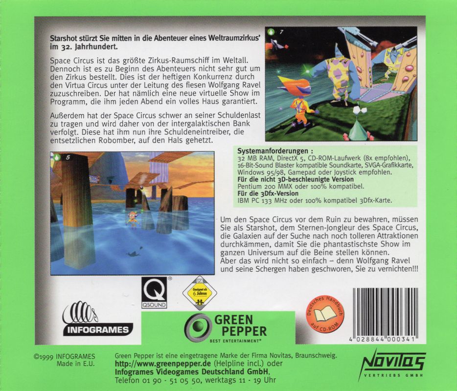 Back Cover for Starshot: Space Circus Fever (Windows) (Green Pepper release (#78))