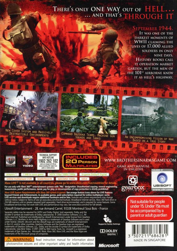 Back Cover for Brothers in Arms: Hell's Highway (Xbox 360)